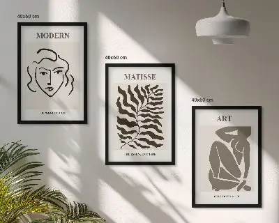 Conjunto de quadros para sala de estar com estampas de gráficos, linhas e personagens estilosos