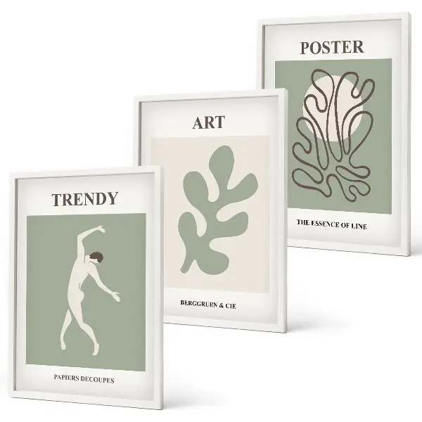 Conjunto de 3 quadros com moldura com figuras abstratas de plantas
