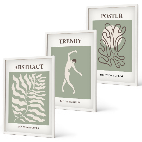 Conjunto de 3 quadros com moldura Padrões de plantas verdes de Matisse
