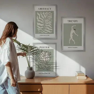 Conjunto de 3 quadros com moldura com padrões de plantas verdes de Matisse