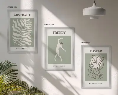 Conjunto de 3 quadros com moldura com padrões de plantas verdes de Matisse