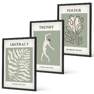 Conjunto de 3 quadros com moldura com padrões de plantas verdes de Matisse