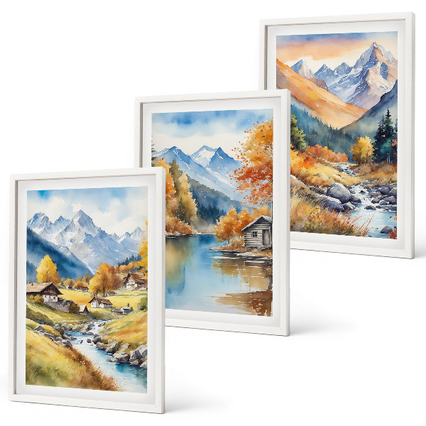 Conjunto de 3 quadros com moldura casas de rio nas montanhas de outono