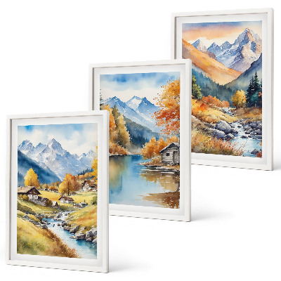 Conjunto de 3 quadros com moldura casas de rio nas montanhas de outono