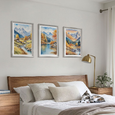 Conjunto de 3 quadros com moldura casas de rio nas montanhas de outono