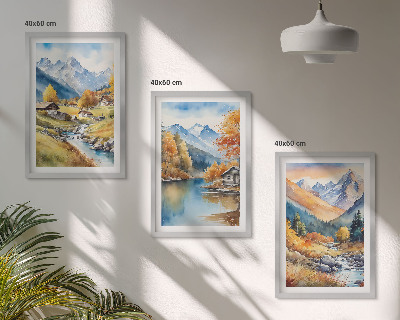 Conjunto de 3 quadros com moldura casas de rio nas montanhas de outono