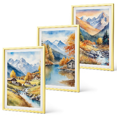 Conjunto de 3 quadros com moldura casas de rio nas montanhas de outono