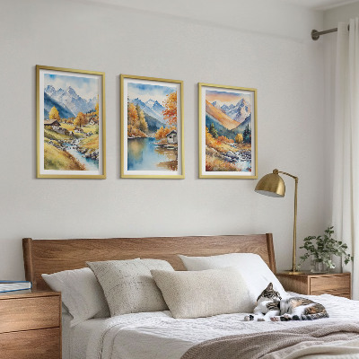 Conjunto de 3 quadros com moldura casas de rio nas montanhas de outono