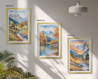 Conjunto de 3 quadros com moldura casas de rio nas montanhas de outono