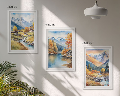 Conjunto de 3 quadros com moldura casas de rio nas montanhas de outono