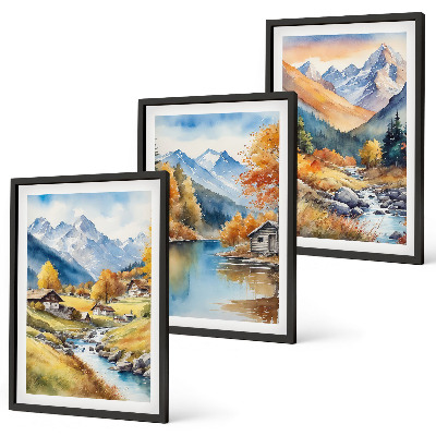 Conjunto de 3 quadros com moldura casas de rio nas montanhas de outono