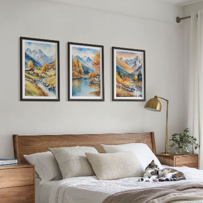 Conjunto de 3 quadros com moldura casas de rio nas montanhas de outono