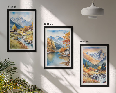 Conjunto de 3 quadros com moldura casas de rio nas montanhas de outono