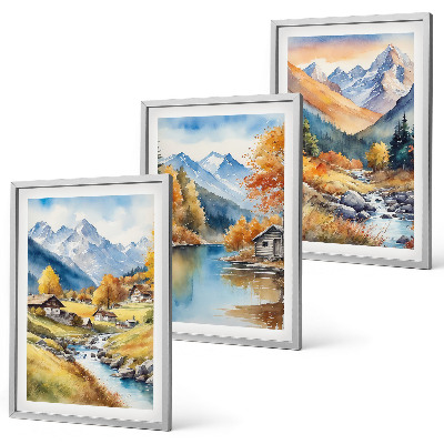 Conjunto de 3 quadros com moldura casas de rio nas montanhas de outono