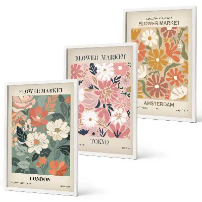 Conjunto de quadros para sala de estar com padrões florais Londres Tóquio Amsterdã