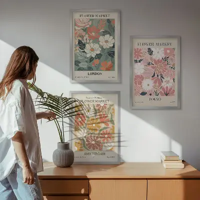 Conjunto de quadros para sala de estar com padrões florais Londres Tóquio Amsterdã