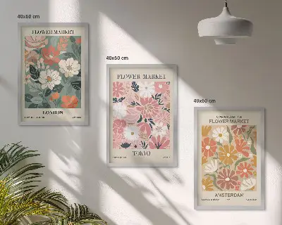 Conjunto de quadros para sala de estar com padrões florais Londres Tóquio Amsterdã