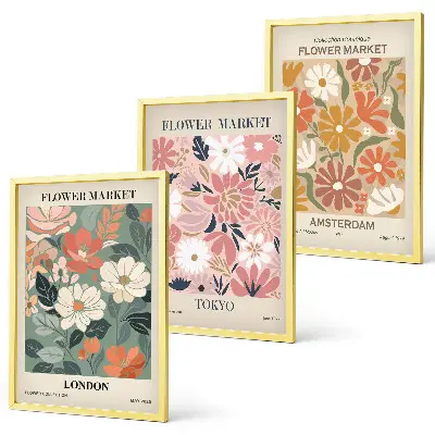 Conjunto de quadros para sala de estar com padrões florais Londres Tóquio Amsterdã