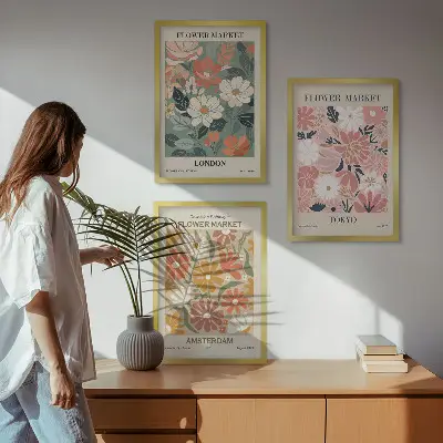 Conjunto de quadros para sala de estar com padrões florais Londres Tóquio Amsterdã