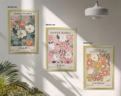 Conjunto de quadros para sala de estar com padrões florais Londres Tóquio Amsterdã