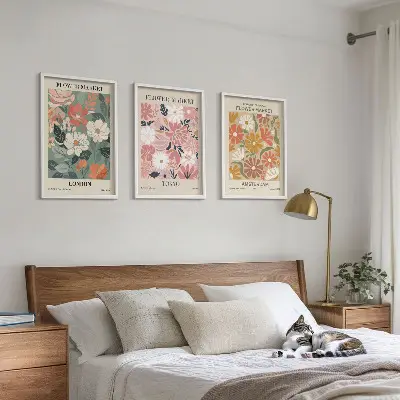 Conjunto de quadros para sala de estar com padrões florais Londres Tóquio Amsterdã