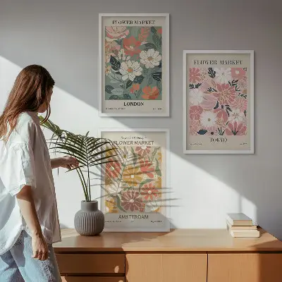 Conjunto de quadros para sala de estar com padrões florais Londres Tóquio Amsterdã