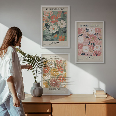 Conjunto de quadros para sala de estar Padrões florais Londres Tóquio Amsterdã