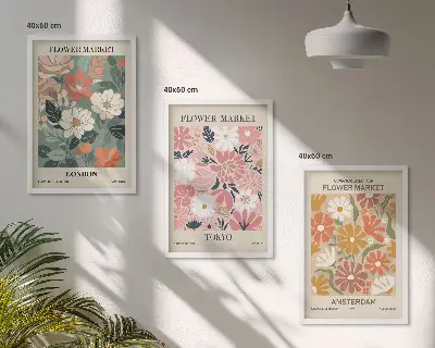 Conjunto de quadros para sala de estar com padrões florais Londres Tóquio Amsterdã