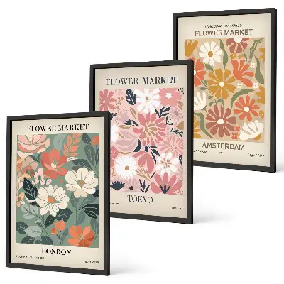 Conjunto de quadros para sala de estar com padrões florais Londres Tóquio Amsterdã