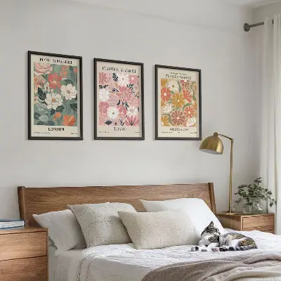 Conjunto de quadros para sala de estar com padrões florais Londres Tóquio Amsterdã