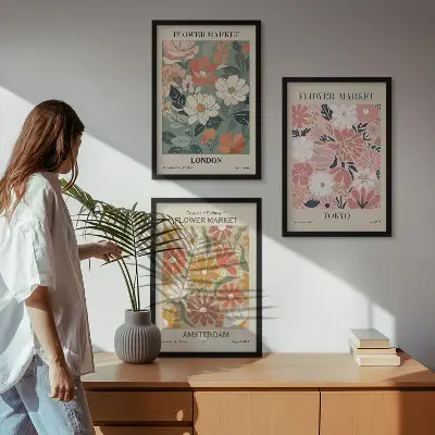 Conjunto de quadros para sala de estar com padrões florais Londres Tóquio Amsterdã