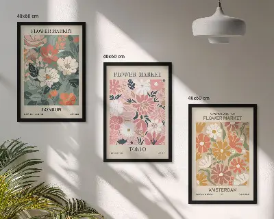 Conjunto de quadros para sala de estar com padrões florais Londres Tóquio Amsterdã