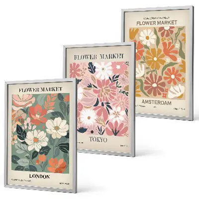 Conjunto de quadros para sala de estar com padrões florais Londres Tóquio Amsterdã