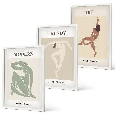 Conjunto de 3 quadros com moldura com personagens estilosos em estilo minimalista