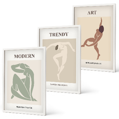 Conjunto de 3 quadros com moldura Personagens estilosos em um estilo minimalista.