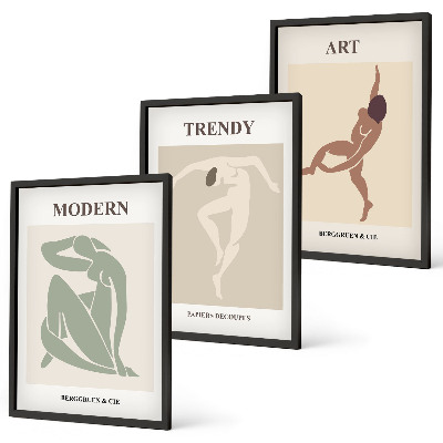 Conjunto de 3 quadros com moldura Personagens estilosos em um estilo minimalista.