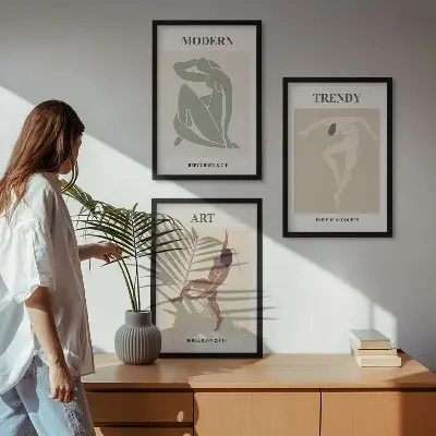 Conjunto de 3 quadros com moldura com personagens estilosos em estilo minimalista