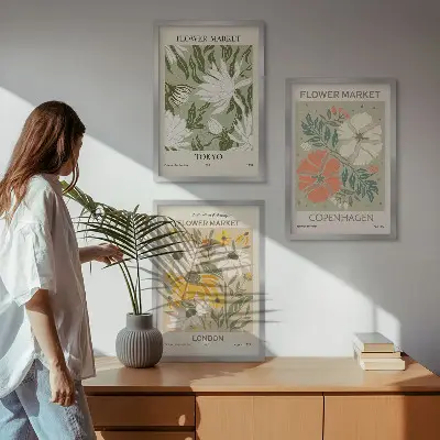 Composição de quadros moderna com motivos florais de cidades ao redor do mundo