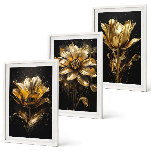 Conjunto de 3 quadros com moldura flores amarelas sobre fundo escuro
