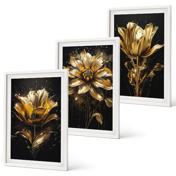 Conjunto de 3 quadros com moldura Flores amarelas sobre um fundo escuro