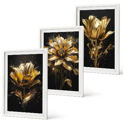 Conjunto de 3 quadros com moldura flores amarelas sobre fundo escuro