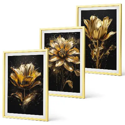 Conjunto de 3 quadros com moldura flores amarelas sobre fundo escuro