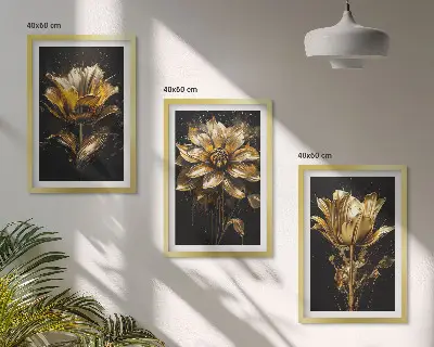 Conjunto de 3 quadros com moldura flores amarelas sobre fundo escuro