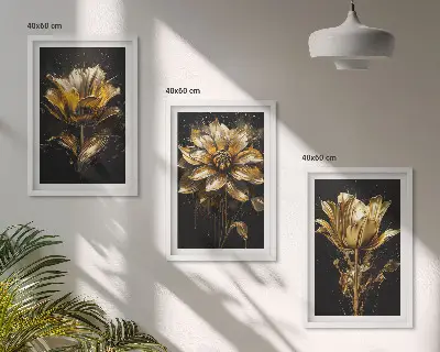 Conjunto de 3 quadros com moldura flores amarelas sobre fundo escuro
