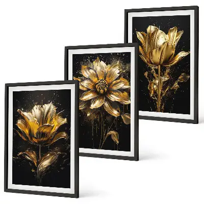 Conjunto de 3 quadros com moldura flores amarelas sobre fundo escuro