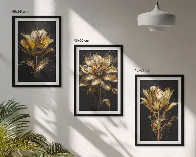 Conjunto de 3 quadros com moldura flores amarelas sobre fundo escuro