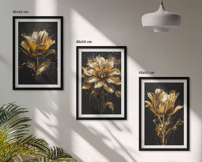 Conjunto de 3 quadros com moldura Flores amarelas sobre um fundo escuro