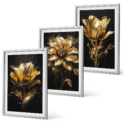 Conjunto de 3 quadros com moldura flores amarelas sobre fundo escuro