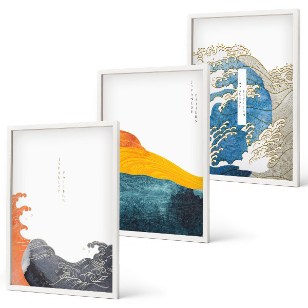 Conjunto de quadros para sala de estar Ondas de estilo gráfico japonês