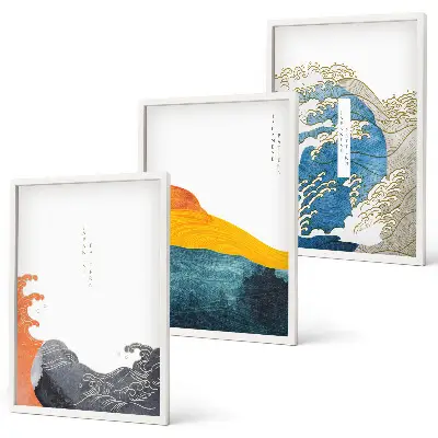Conjunto de quadros para sala de estar com estampa de ondas em estilo gráfico japonês